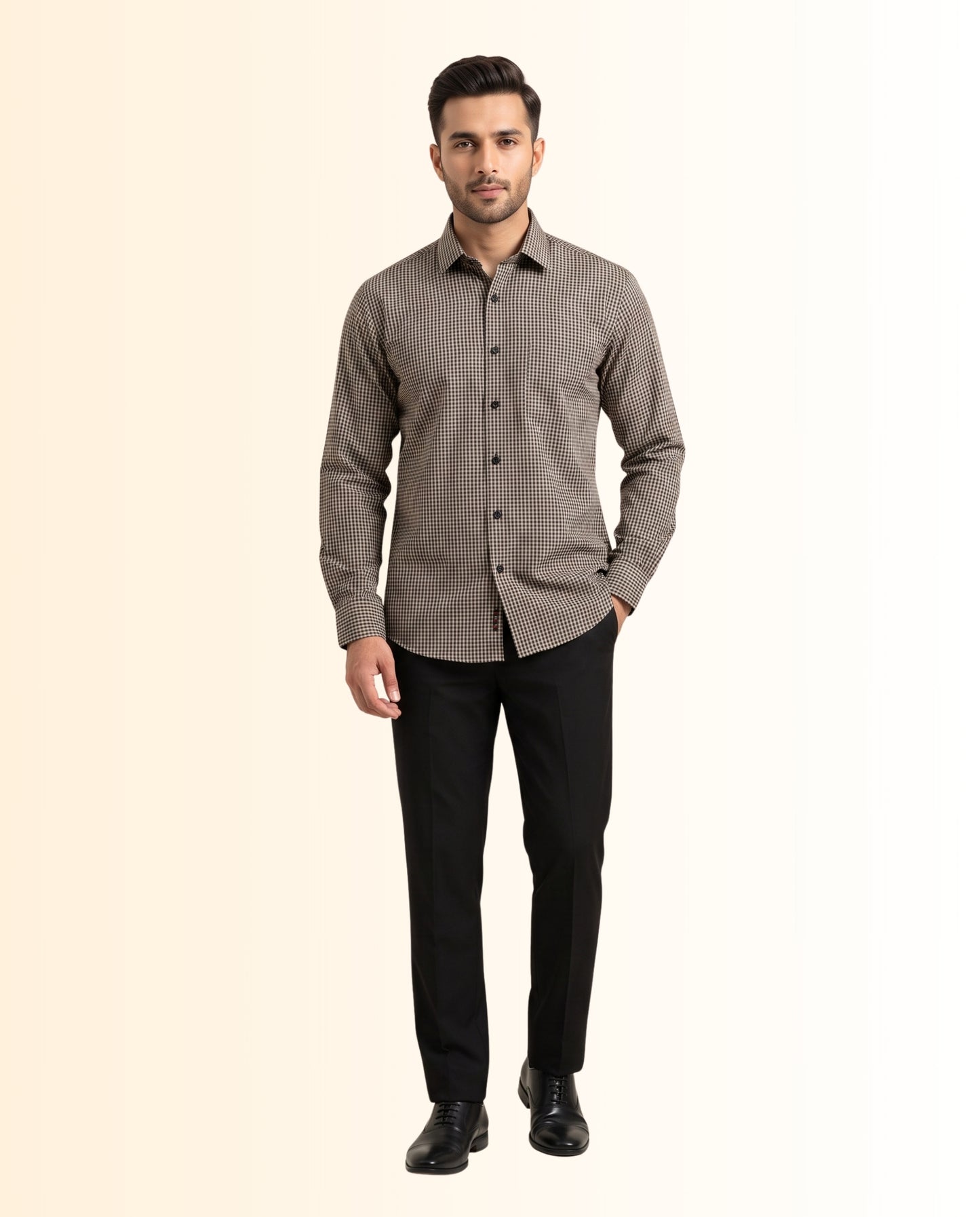 Brown and Beige Checkered Pattern Dress Shirt – Classic Fit Formal Long Sleeve Button-Down Shirt