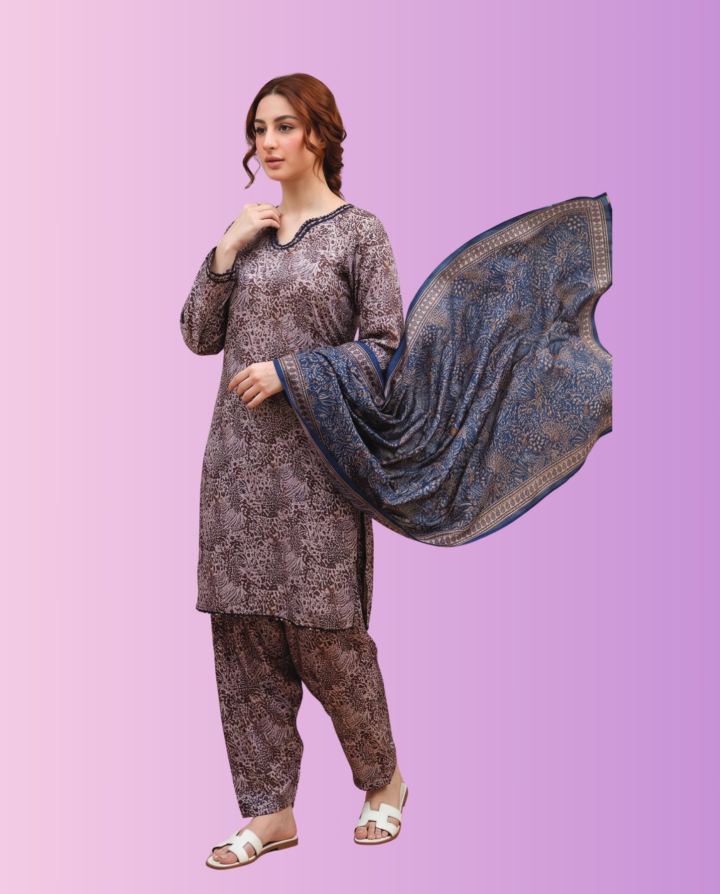 Regalia Pret women's 3-piece stitched printed suit featuring a printed shirt, matching trousers, and coordinated dupatta for casual and everyday wear.