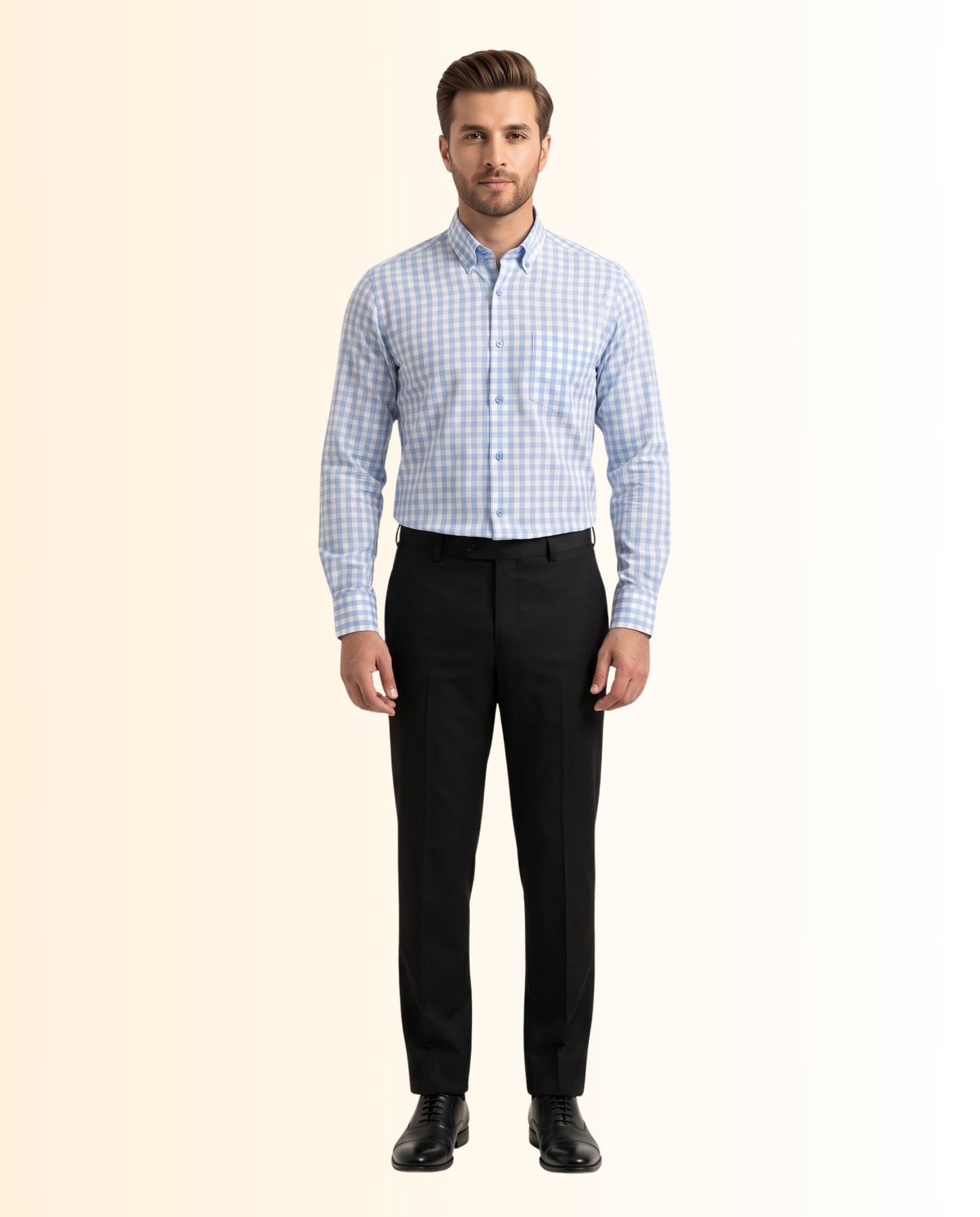 Blue and White Checkered Dress Shirt – Classic Fit Formal Long Sleeve Button-Down Shirt