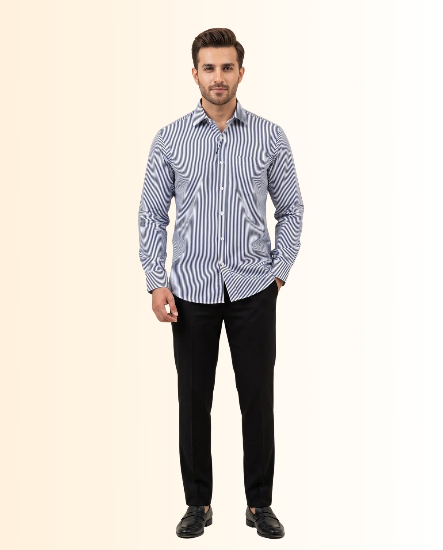 Blue and White Vertically Striped Dress Shirt – Classic Fit Formal Long Sleeve Button-Down Shirt