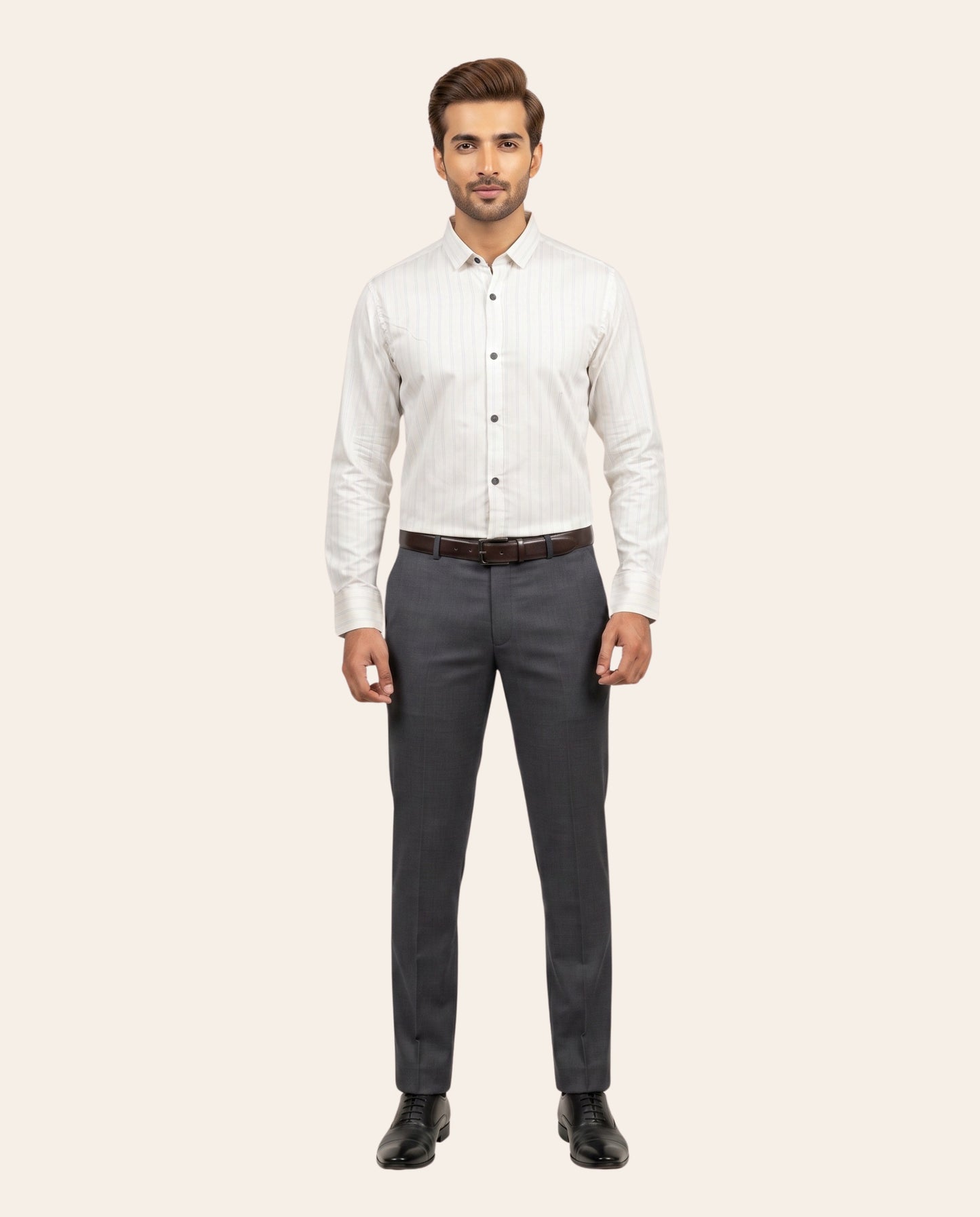 White Subtle Vertical Pinstripes Dress Shirt – Classic Fit Formal Long Sleeve Button-Down Shirt