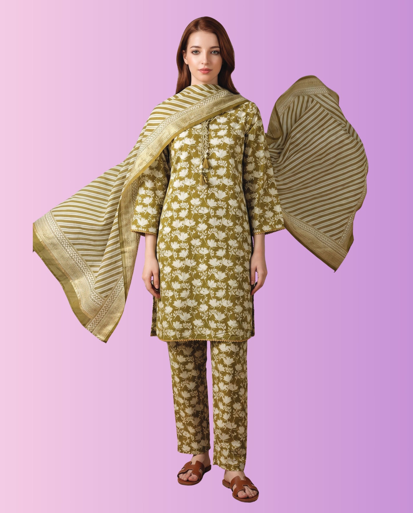 Regalia Pret women's 3-piece stitched printed suit featuring a printed shirt, matching trousers, and coordinated dupatta for casual and everyday wear.