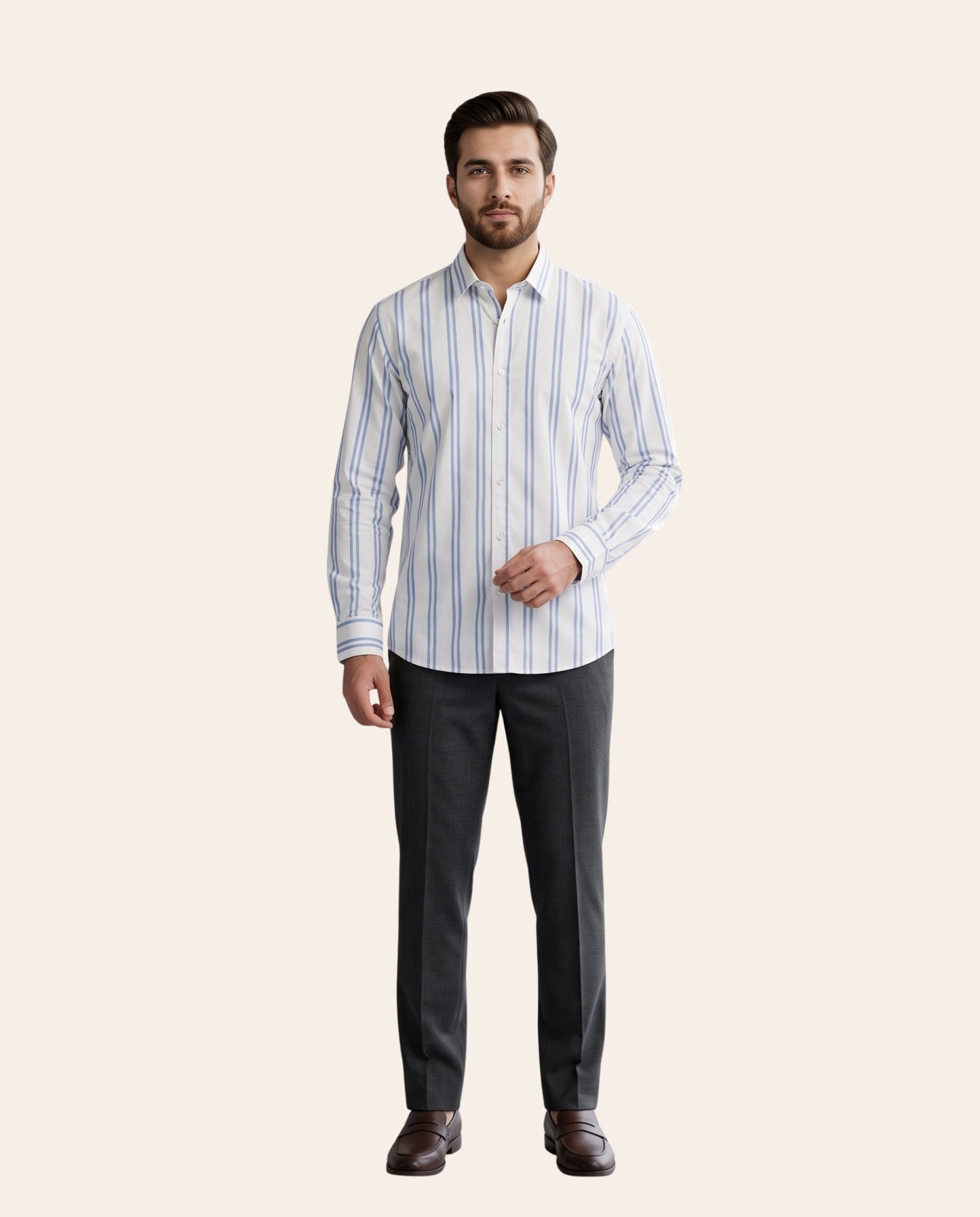 Vertical Light Blue and White Stripes Dress Shirt – Classic Fit Formal Long Sleeve Button-Down Shirt