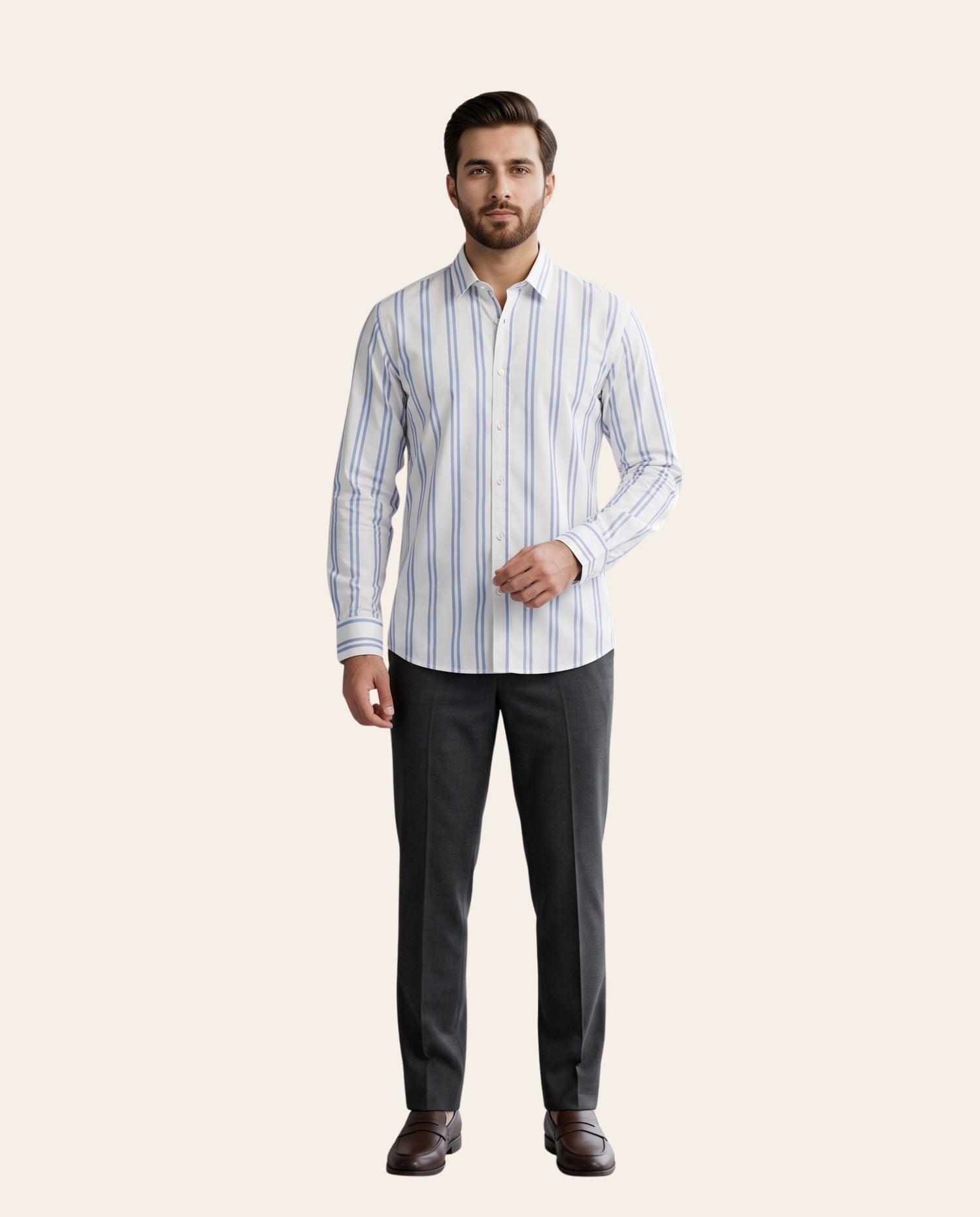 Vertical Light Blue and White Stripes Dress Shirt – Classic Fit Formal Long Sleeve Button-Down Shirt