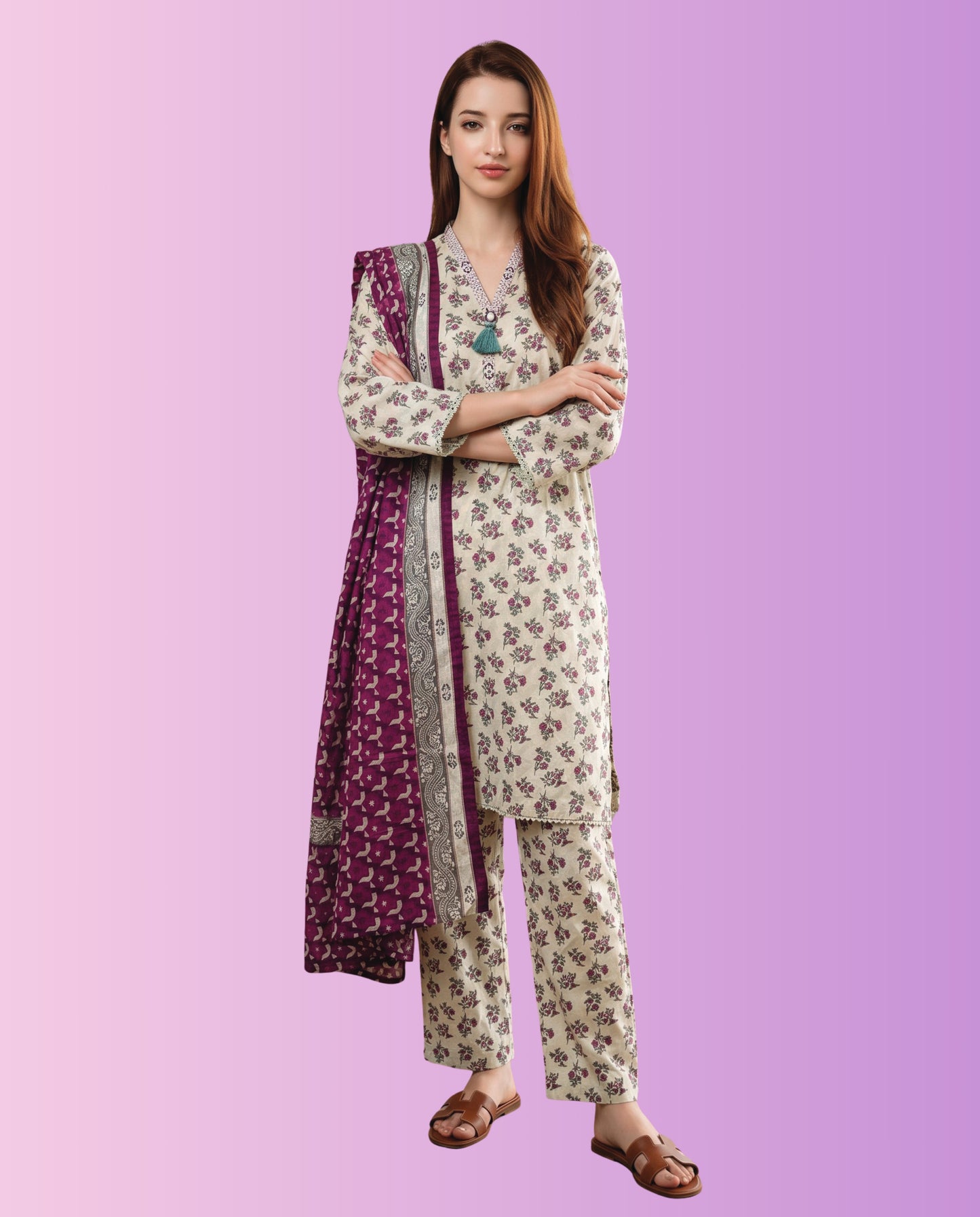 Regalia Pret women's 3-piece stitched printed suit featuring a printed shirt, matching trousers, and coordinated dupatta for casual and everyday wear.