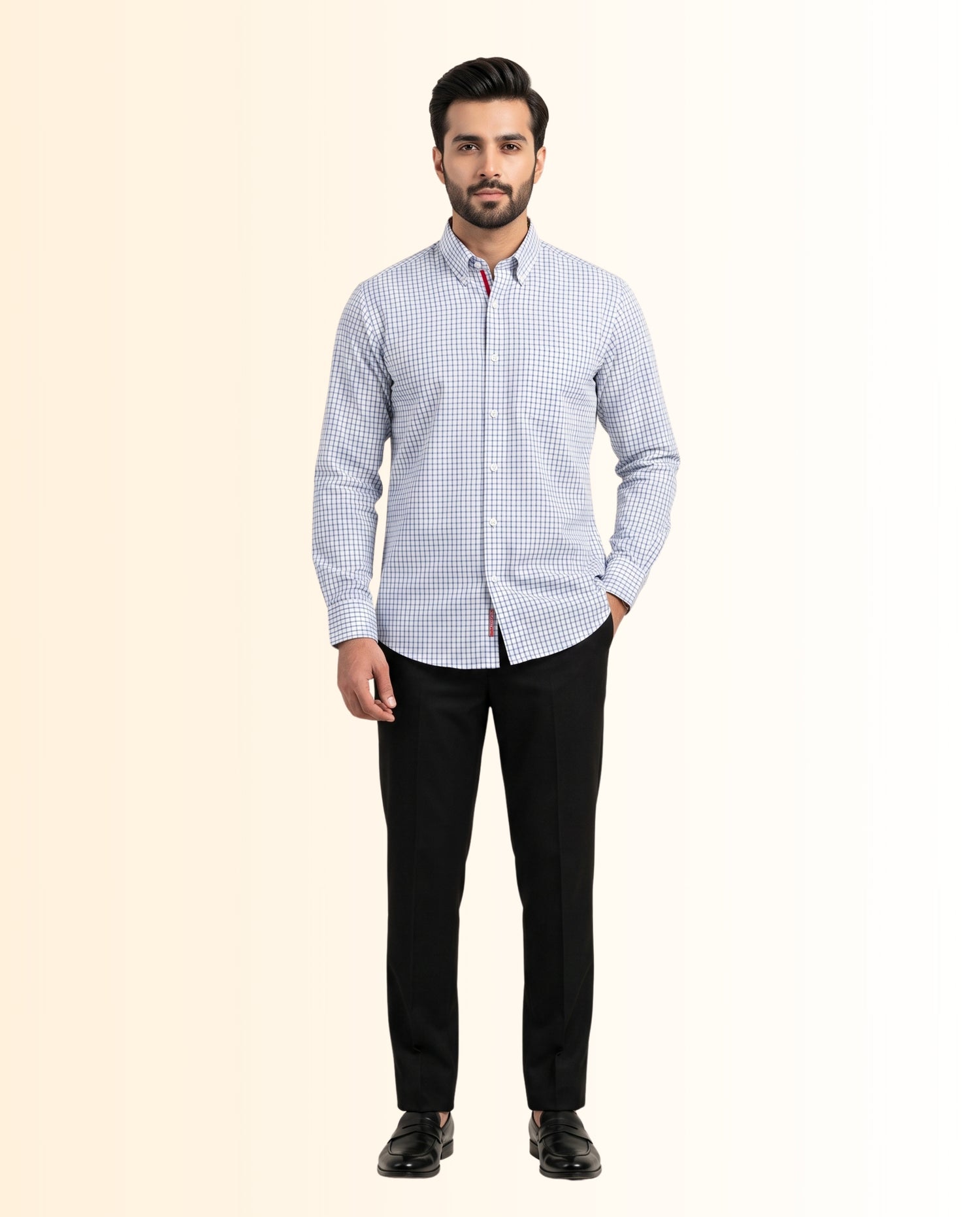 Light Blue and White Checkered Dress Shirt – Classic Fit Formal Long Sleeve Button-Down Shirt