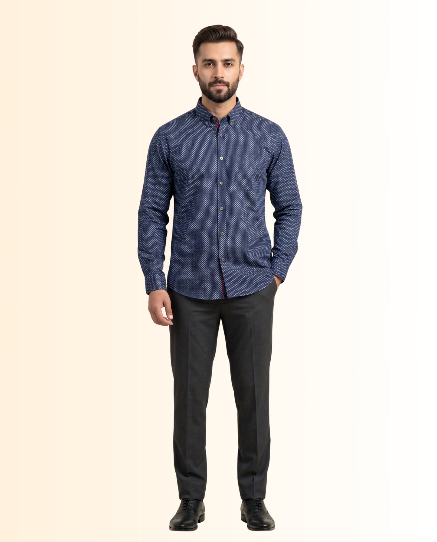 Blue with White Doted Dress Shirt – Classic Fit Formal Long Sleeve Button-Down Shirt