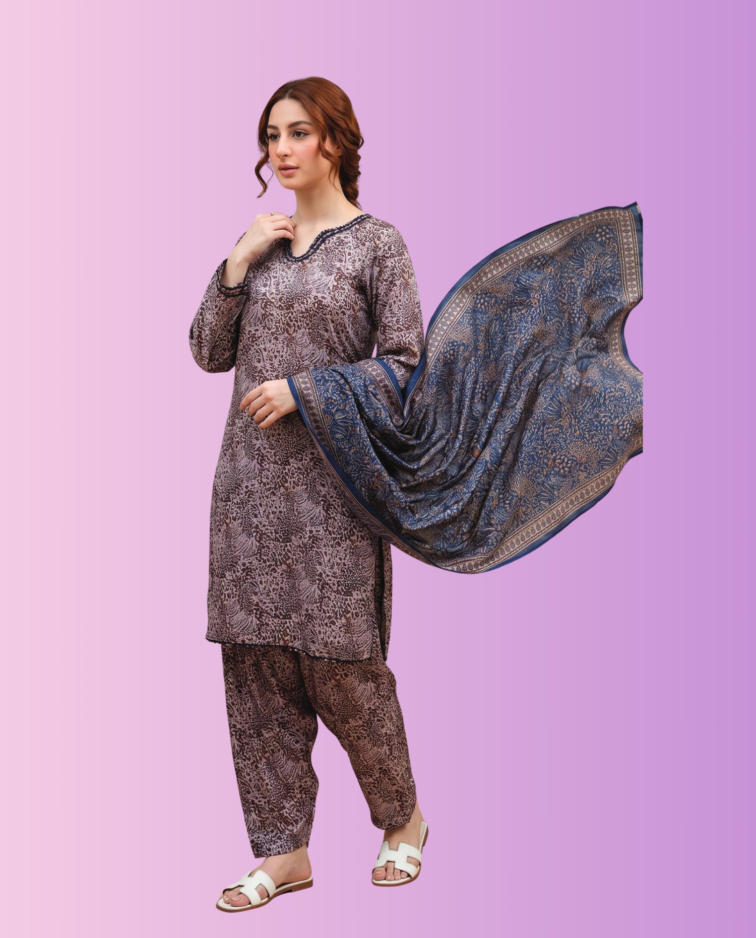 Regalia Pret women's 3-piece stitched printed suit featuring a printed shirt, matching trousers, and coordinated dupatta for casual and everyday wear.