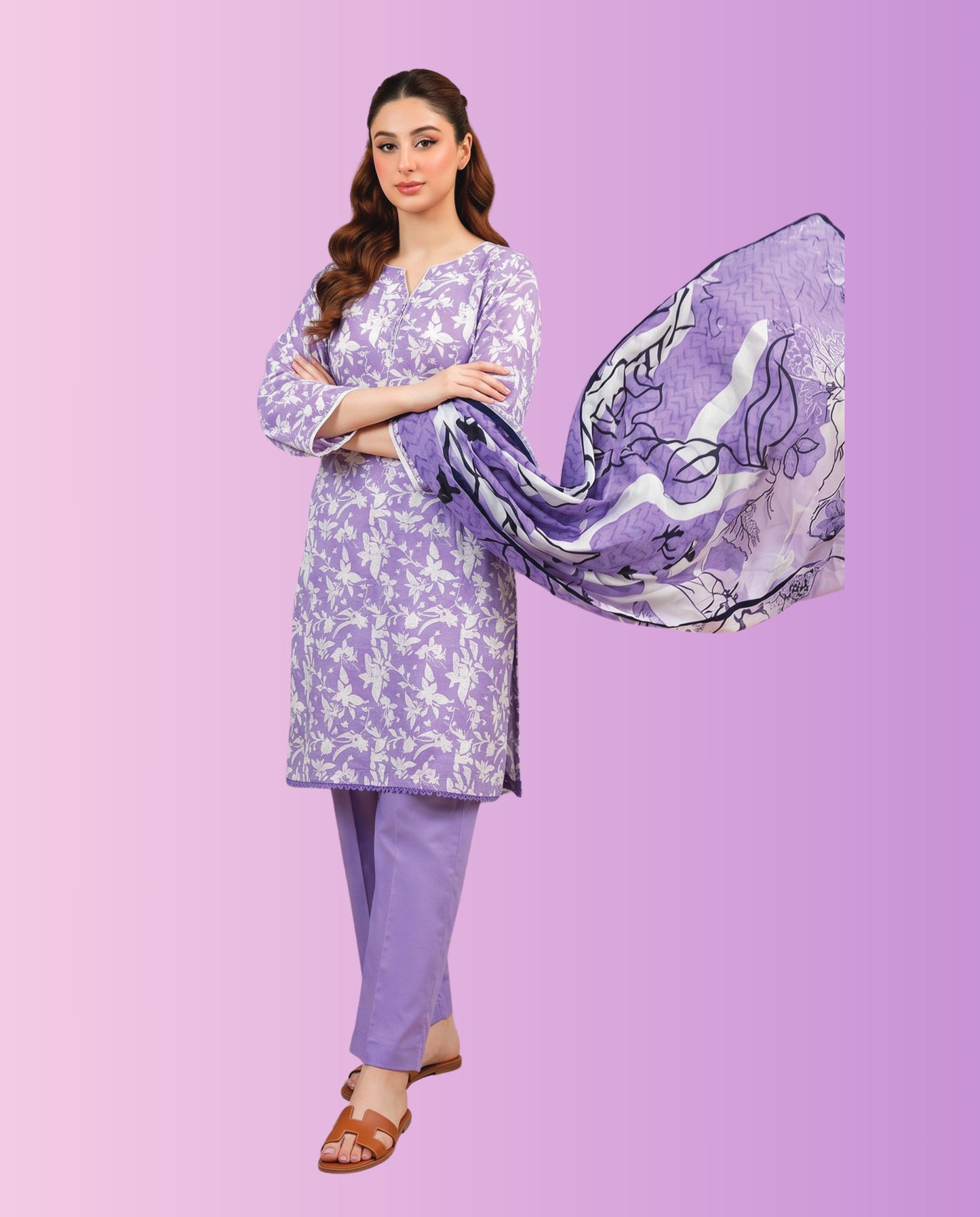 Regalia Pret women's 3-piece stitched printed suit featuring a printed shirt, matching trousers, and coordinated dupatta for casual and everyday wear.