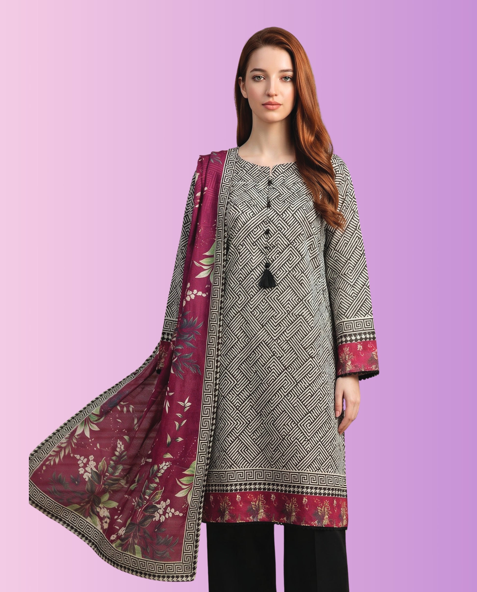 Regalia Pret women's 3-piece stitched printed suit featuring a printed shirt, matching trousers, and coordinated dupatta for casual and everyday wear.