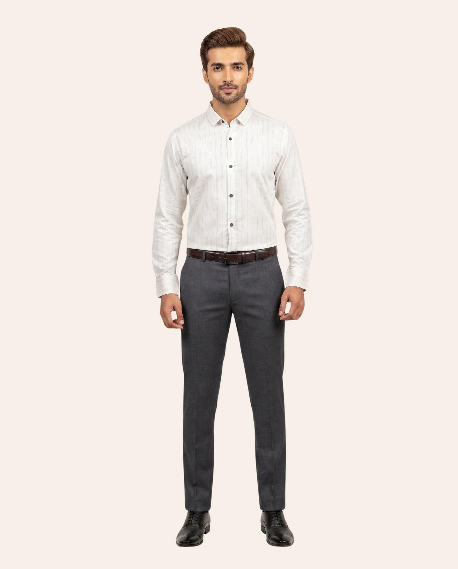 White Subtle Vertical Pinstripes Dress Shirt – Classic Fit Formal Long Sleeve Button-Down Shirt