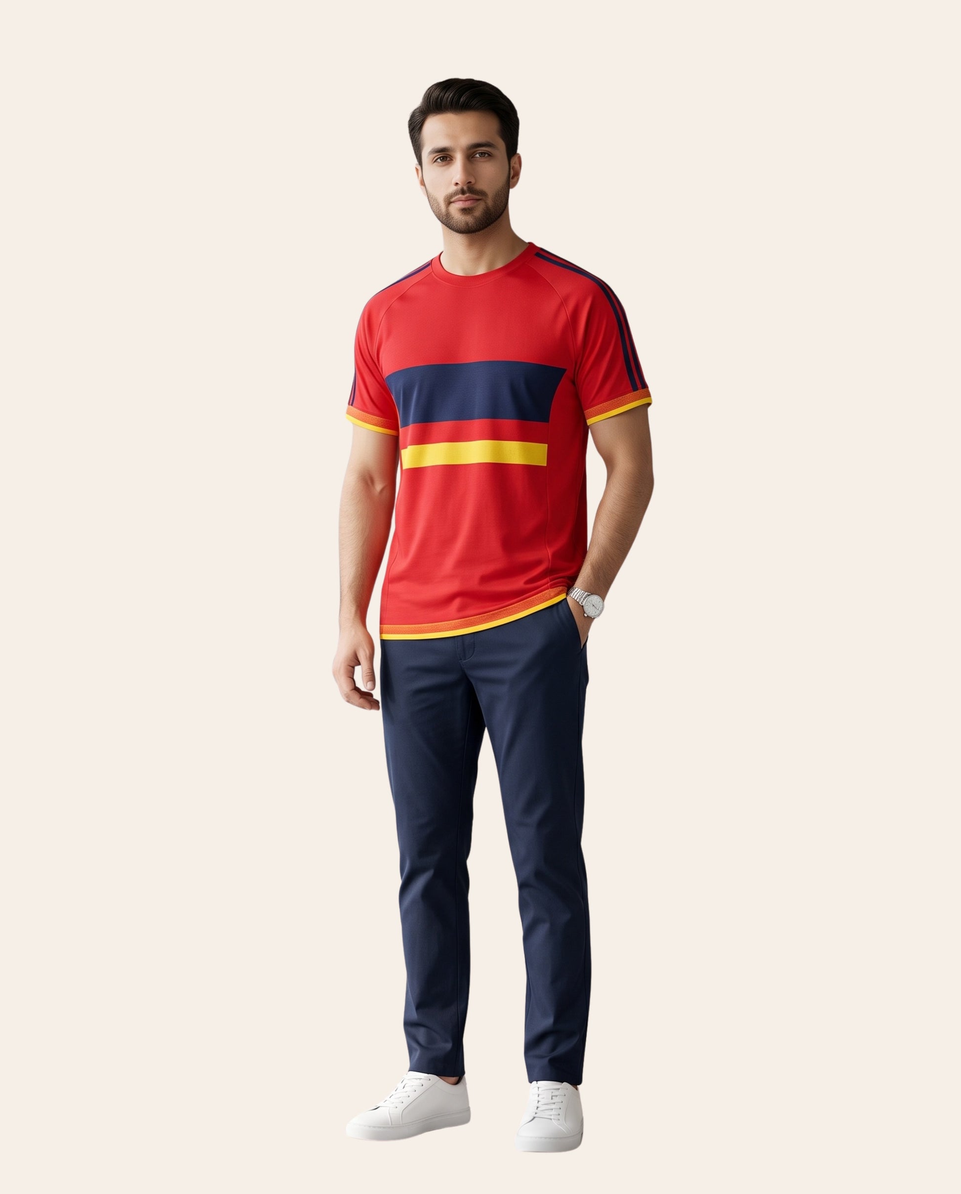 A man modeling a red short-sleeve t-shirt with navy and yellow horizontal stripes across the chest, paired with navy pants and white sneakers, against a solid pale beige background.