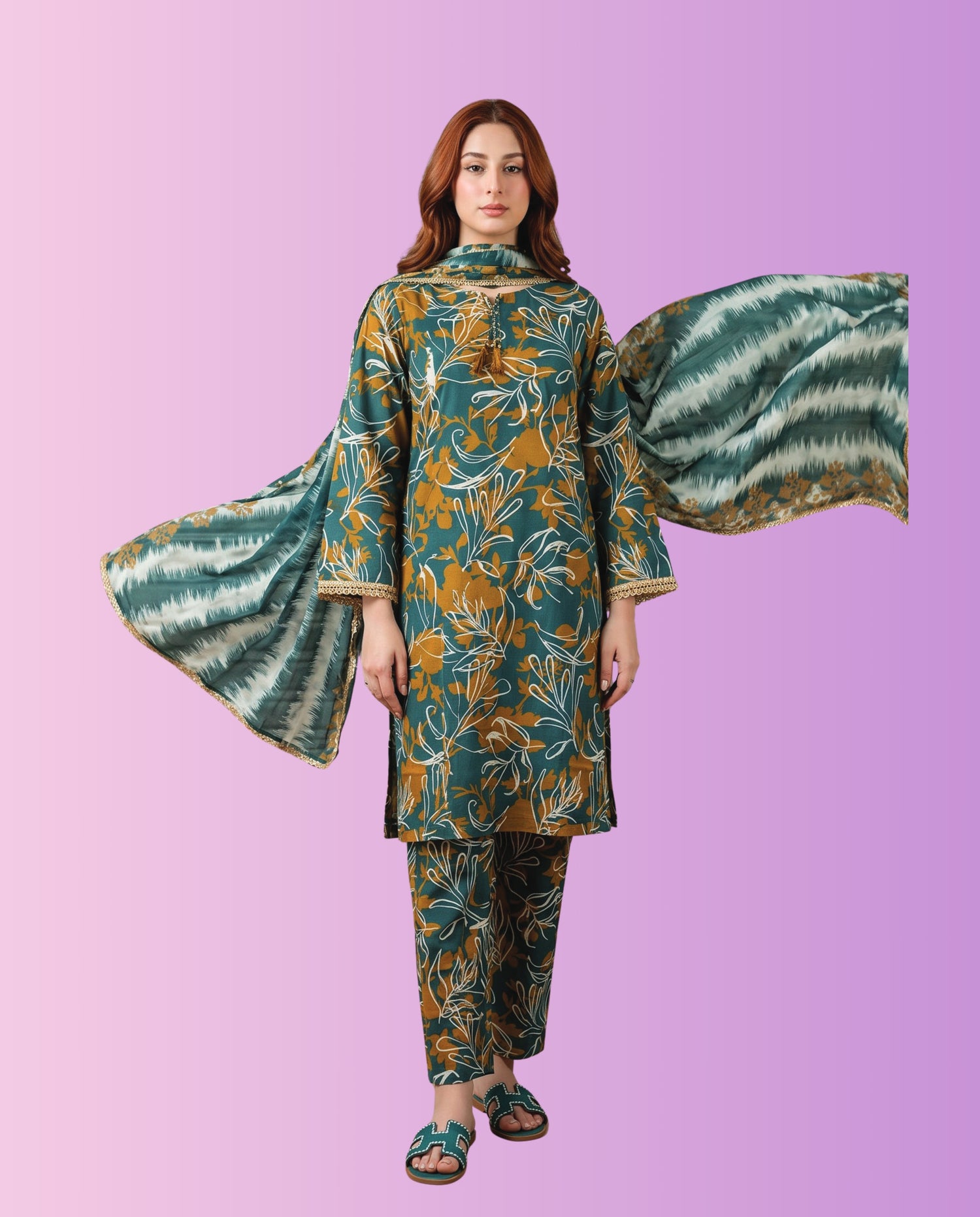 Regalia Pret women's 3-piece stitched printed suit featuring a printed shirt, matching trousers, and coordinated dupatta for casual and everyday wear.