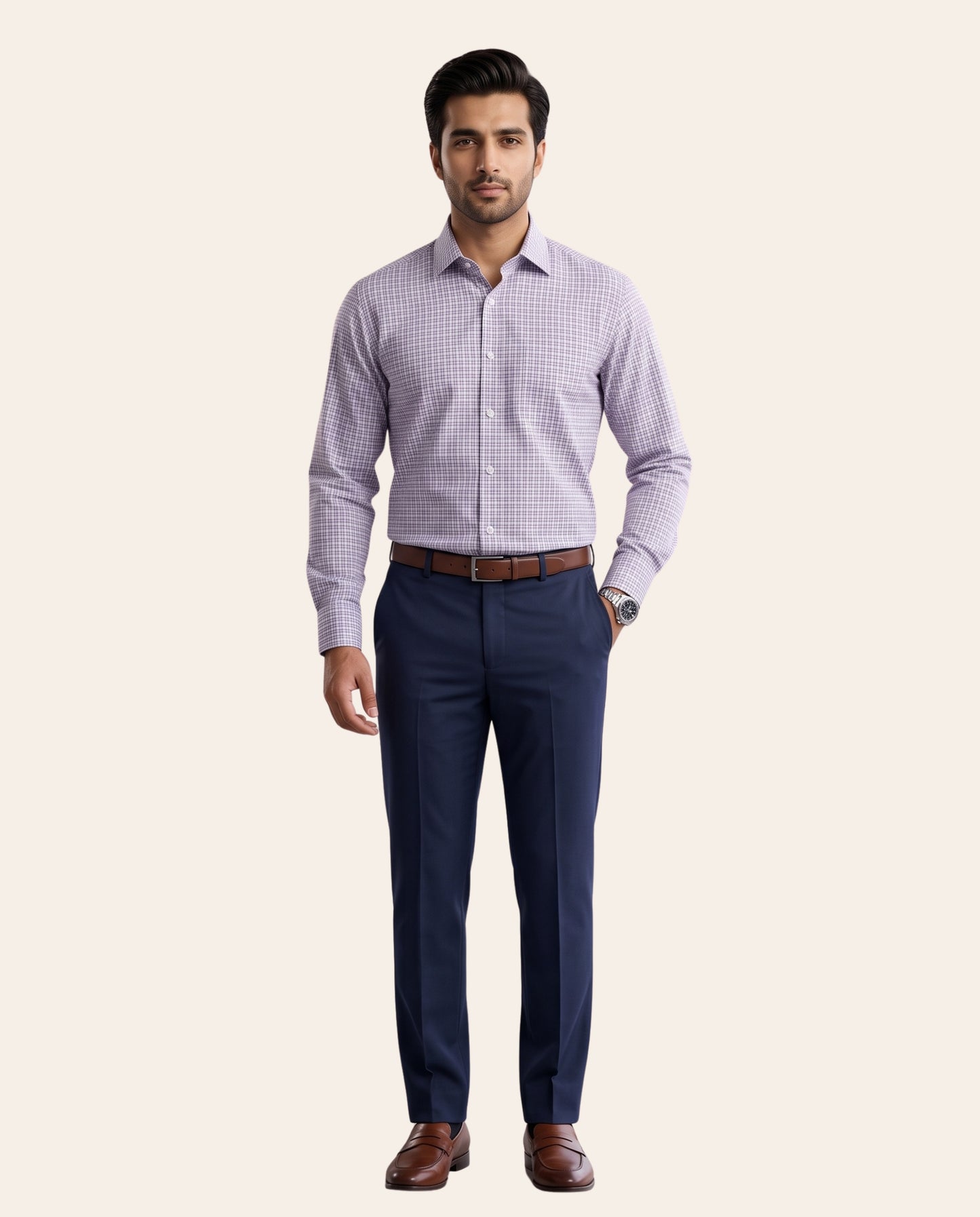 Light Purple and White Checkered Dress Shirt – Classic Fit Formal Long Sleeve Button-Down Shirt
