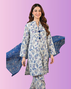 Regalia Pret women's 3-piece stitched printed suit featuring a printed shirt, matching trousers, and coordinated dupatta for casual and everyday wear.