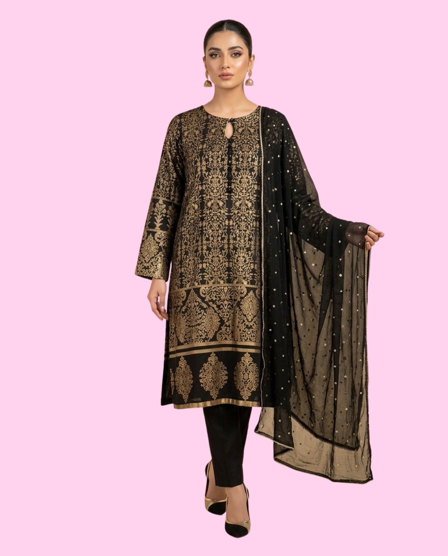 Khaadi 3 Piece Jacquard Stitched Suit with Chiffon Zari Work Dupatta | Premium Ready-to-Wear